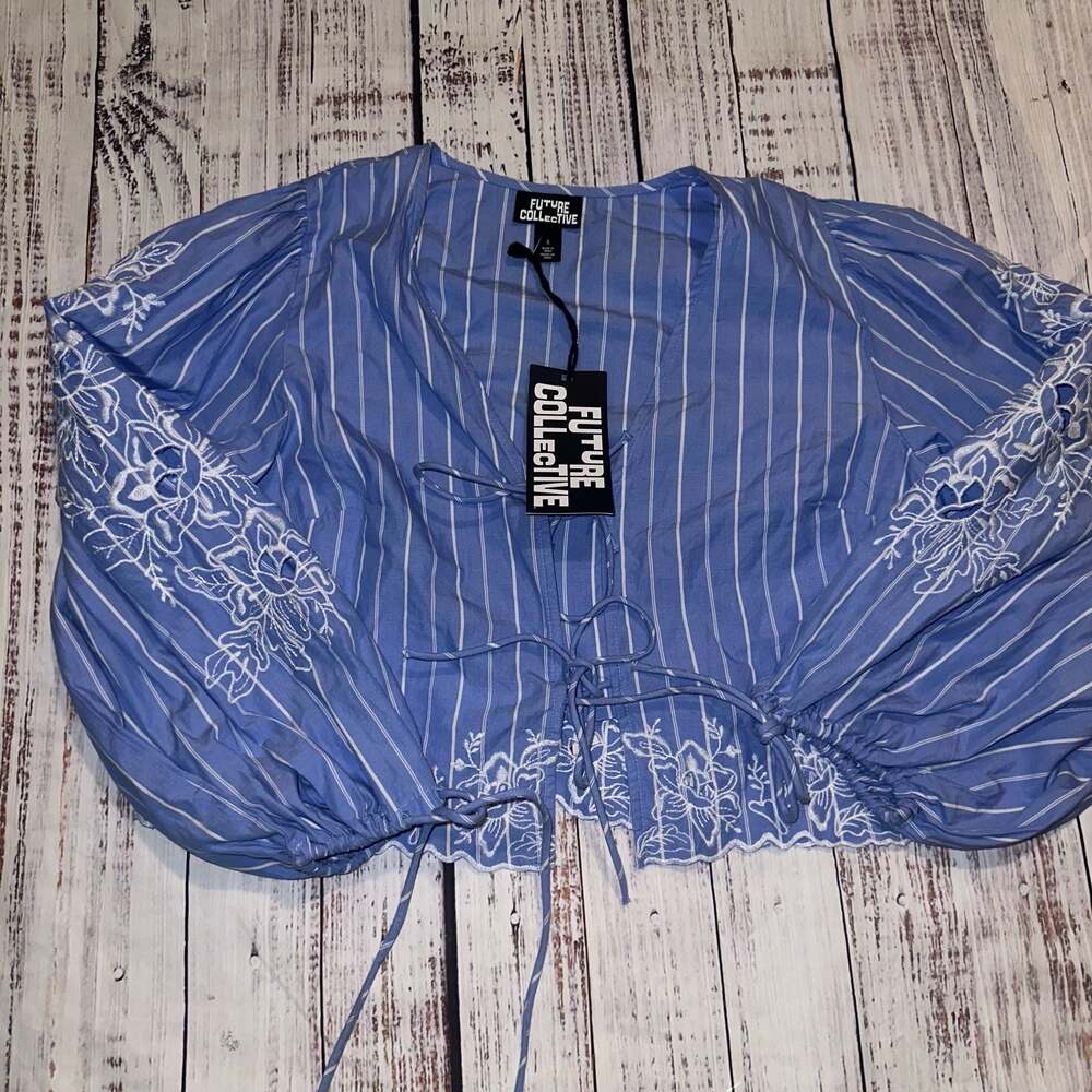 Future Collective Striped Long Sleeve Blouse with Floral Embroidery and Tie Fron